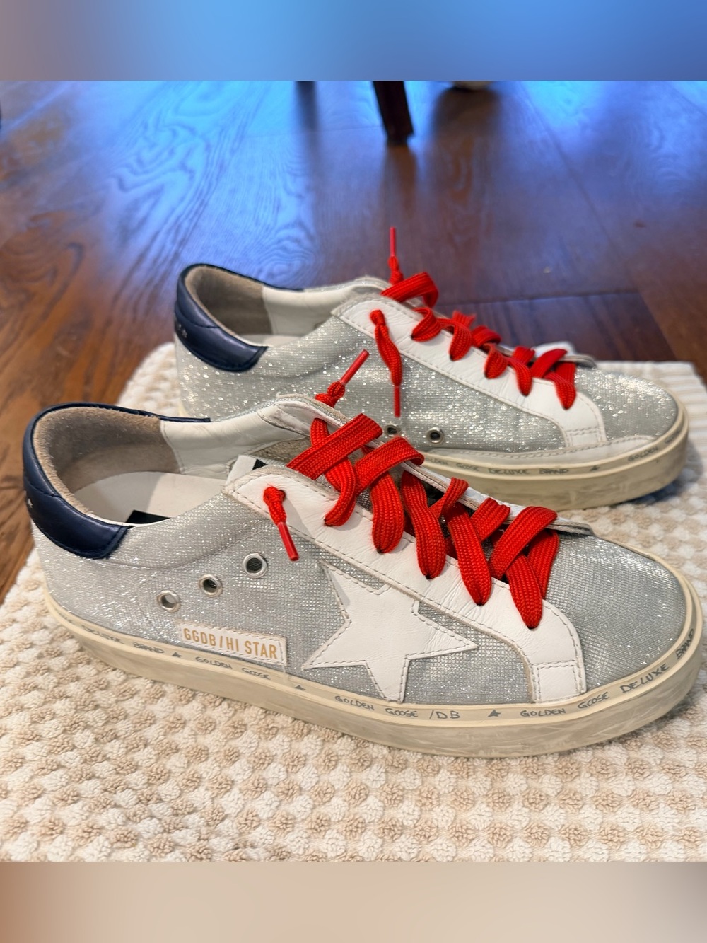Golden Goose Silver Glitter Hi Star Sneakers with Red Laces and Navy Heel